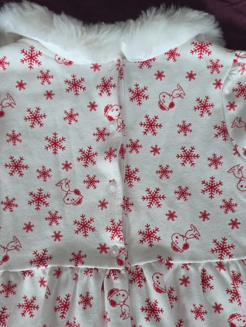 Janie & Jack Peanuts White Dress w/ Red Snowflake/Snoopy Print & Faux Fur Collar